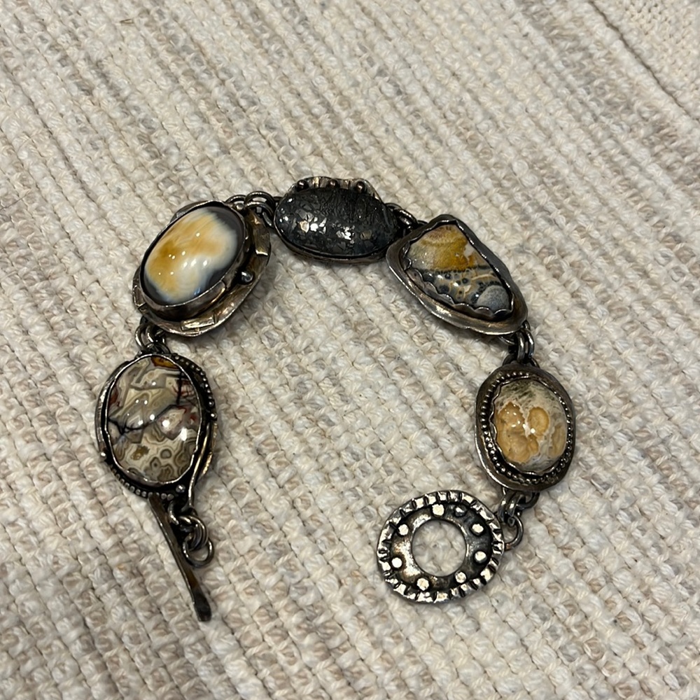 Handmade silver bracelet with tan and gray stones